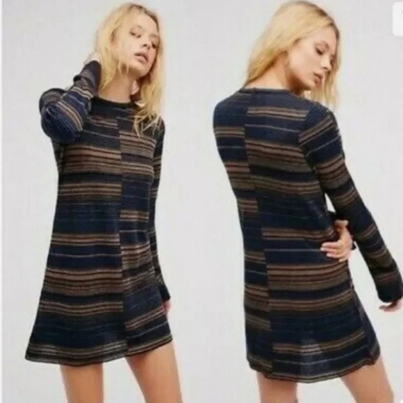Free People Dresses & Skirts - Free People Sweater Mini Dress Long Sleeve Rave On Jumper Womens Sz S Blue Gold